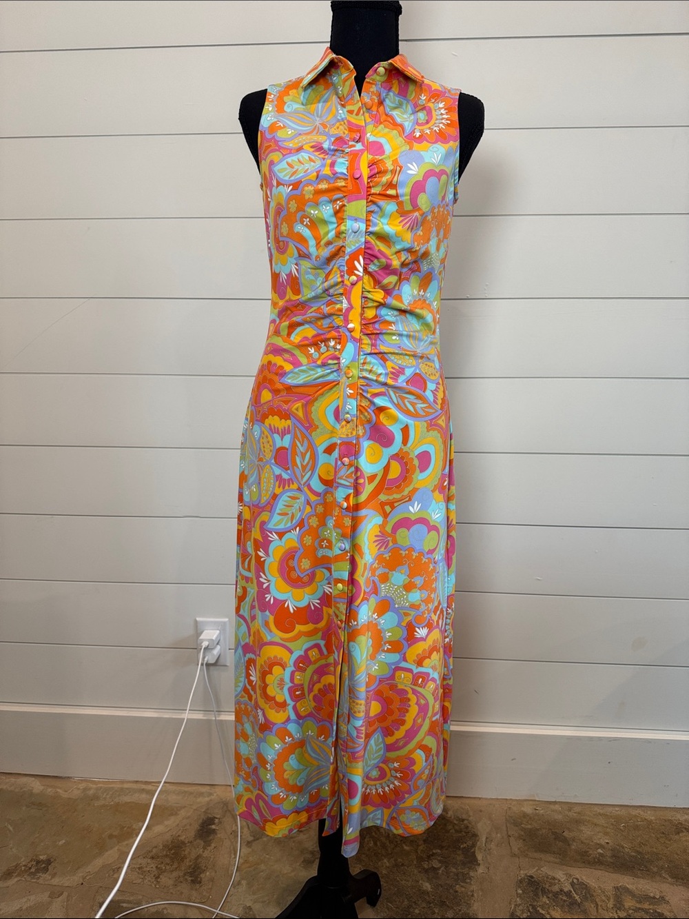 Flora Bea NWT Sleeveless Floral Midi Adrienne Dress In Rainbow Beach, Small